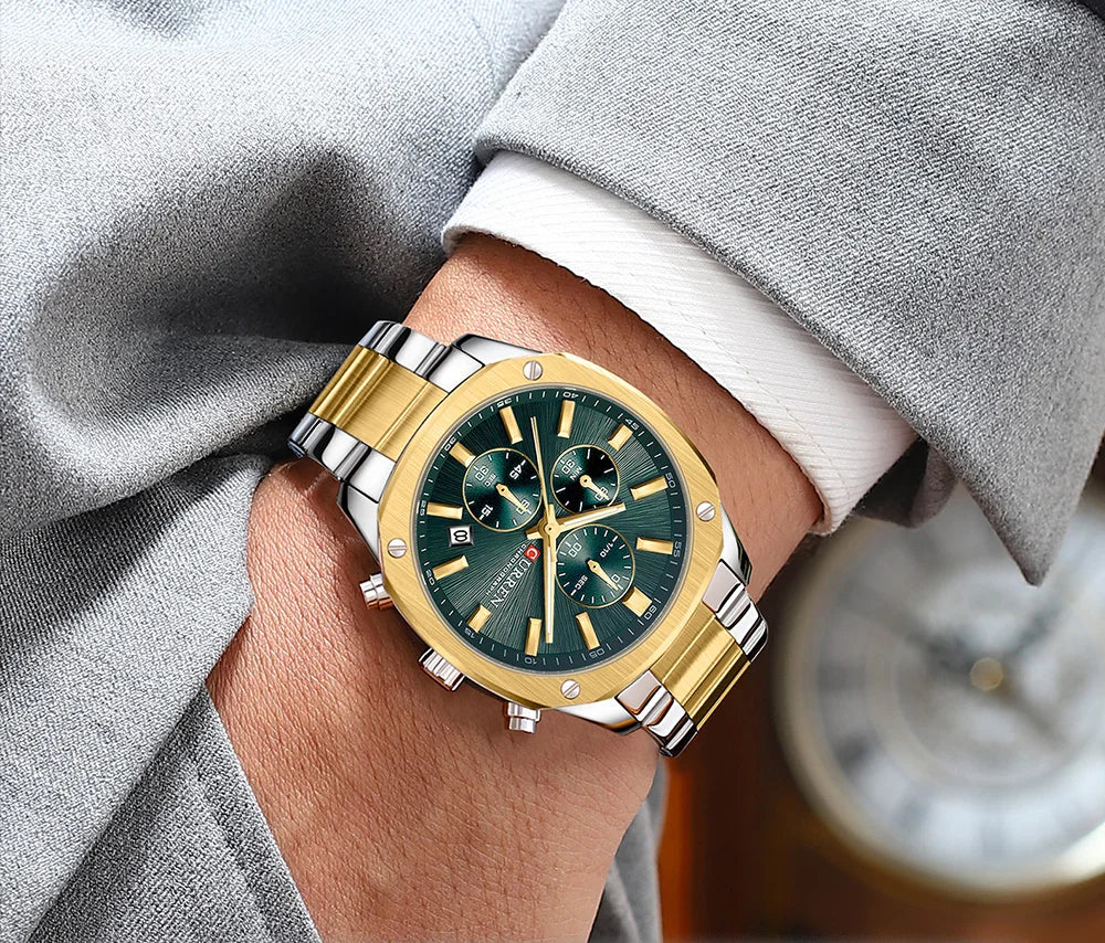 CURREN Modern Men's 42mm Sport Watch - Stainless Steel Band Chronograph & Date,Glow-in-the-Dark Hands, Casual Quartz Wristwatch