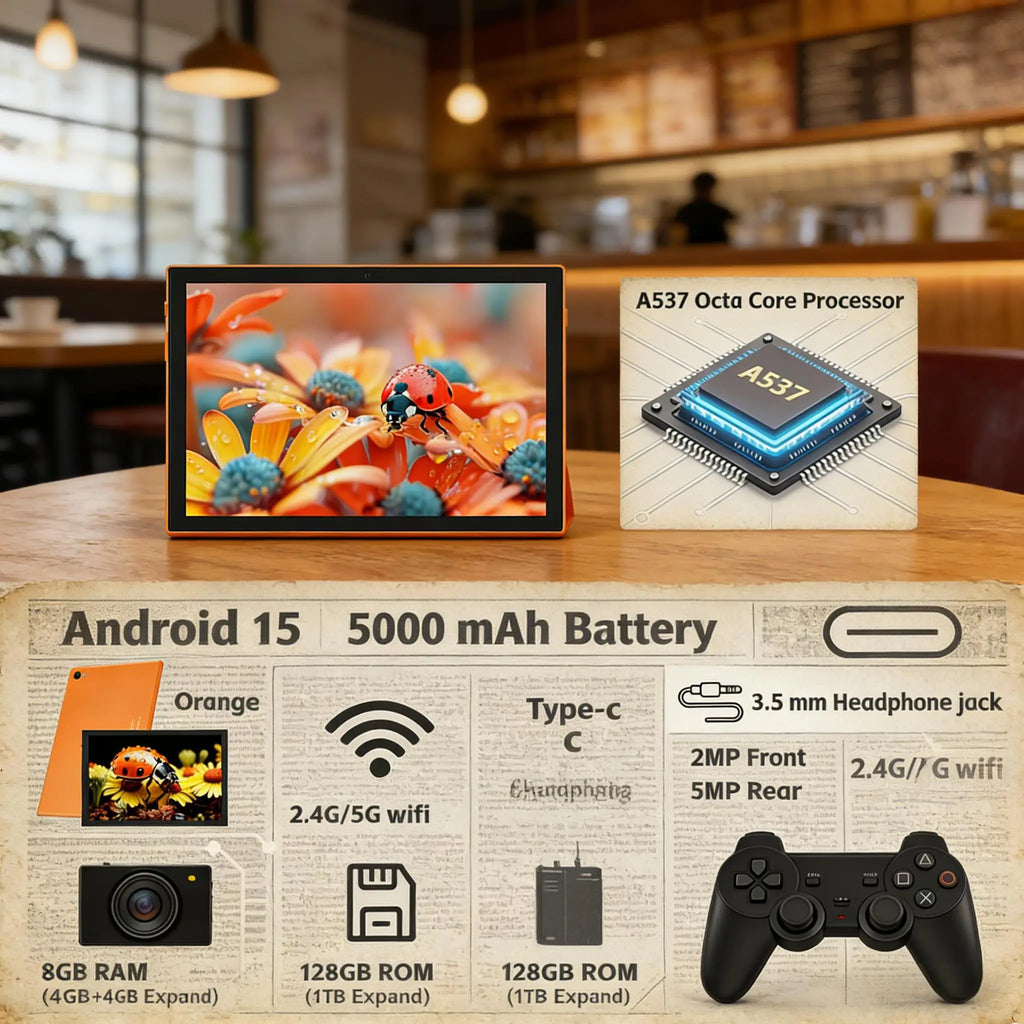 Paitanry 10.1 Tablet Android 15 8GB(4+4GB Expand) RAM 128GB ROM 5000mAh 1280x800 IPS HD Octa Core Dual Speaker WiFi Bluetooth SD