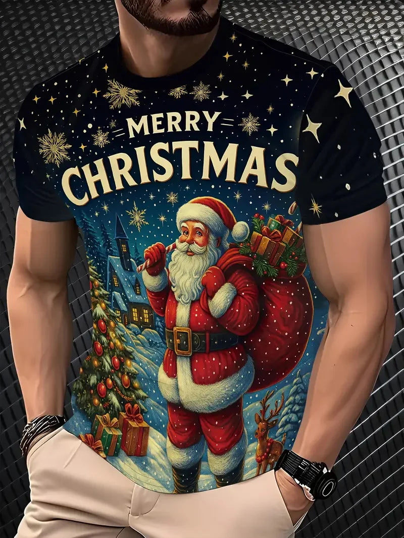 Men's 3D All-Over Print Christmas T-Shirt Xmas Festive New Year's Funny Santa Claus Graphic Short Sleeve Tshirt For Men Clothes