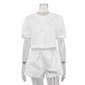 Chic Bubble Sleeve Two-Piece Set – Round Neck Top & High-Waist Shorts Outfit for Wome