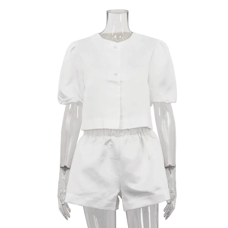 Chic Bubble Sleeve Two-Piece Set – Round Neck Top & High-Waist Shorts Outfit for Wome