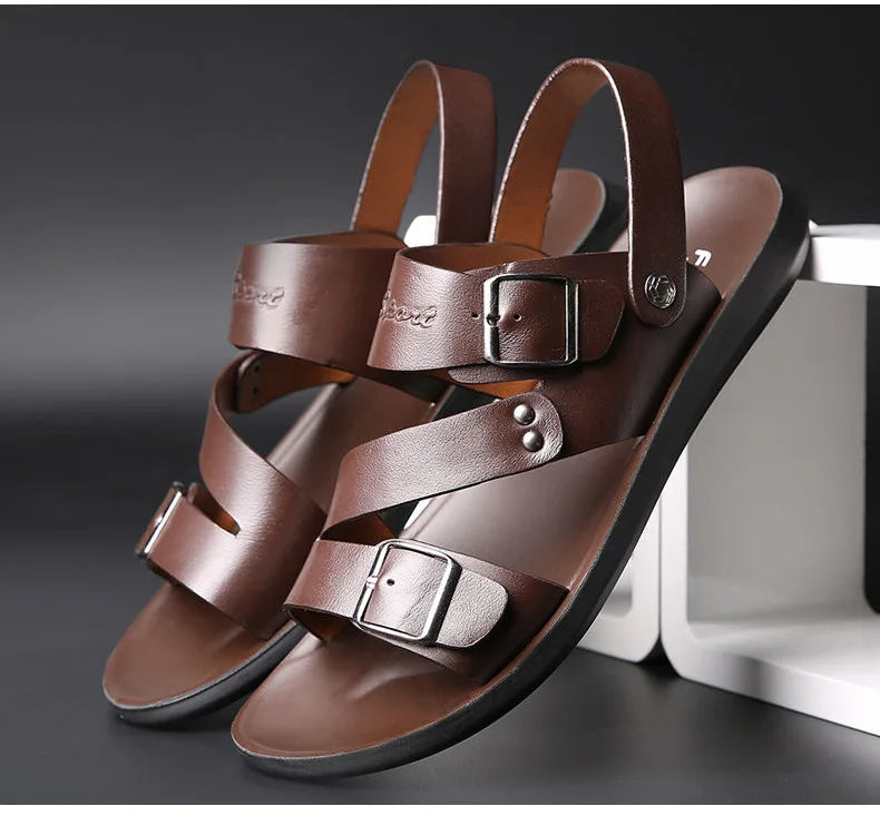 Fashion Sandals Male Solid Color PU Leather Men Shoes Summer Comfortable Open Toe Leather Mens Sandals Beach Leather Footwear