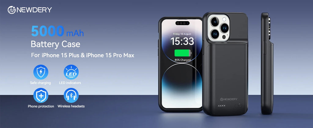 NEWDERY Battery Case for iPhone 15 Pro Max/iPhone 15 Plus Portable Rechargeable Extended Charger Case Battery Pack Charging Case
