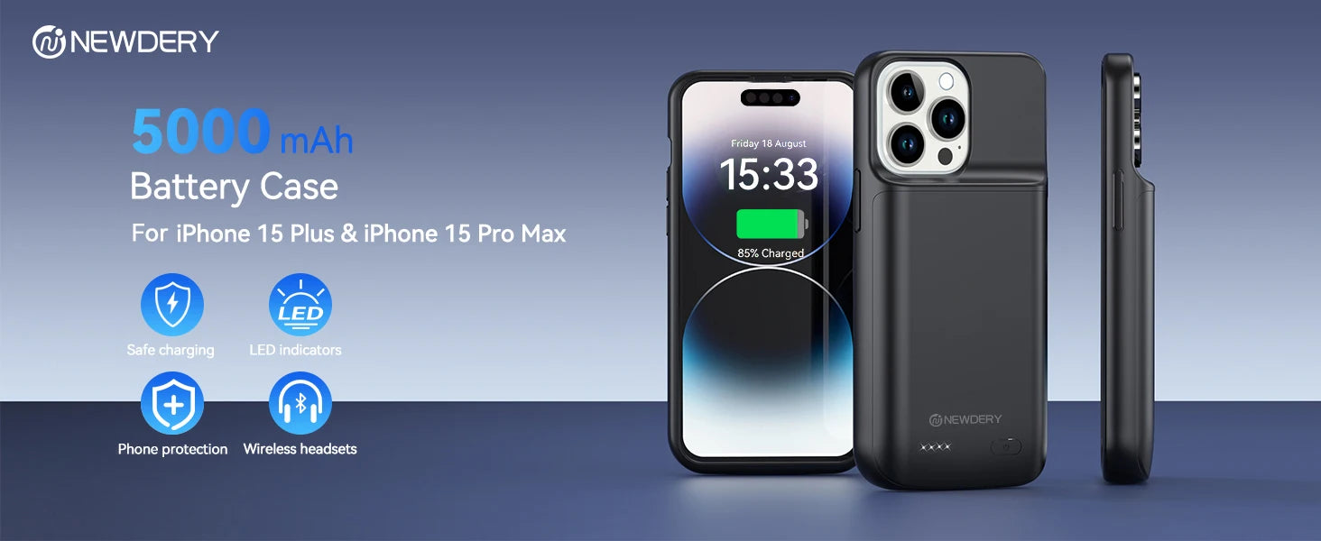NEWDERY Battery Case for iPhone 15 Pro Max/iPhone 15 Plus Portable Rechargeable Extended Charger Case Battery Pack Charging Case