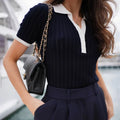 Talenza Elegant Patchwork Knitted Pullover Women's Fashion Lapel Contrast Color Sweater Casual Slim Fit Knitted Pullover T-Shirt