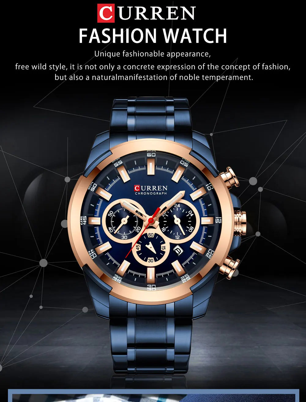 CURREN Men's Chronograph Watch 48mm Big Dial with Stainless Steel Band Triple Sub- Dials Luxury Quartz Sport Wristwatch