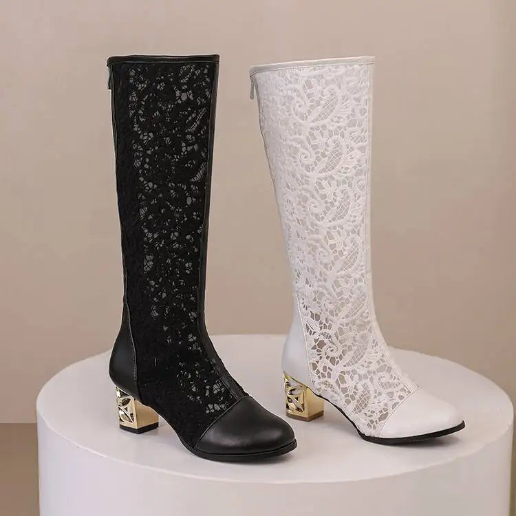 Spring and Autumn New Style Fashion square Heel Mesh Hollow Women's Boots Sweet Breathable knee high boots high 5.5cm size 34-47