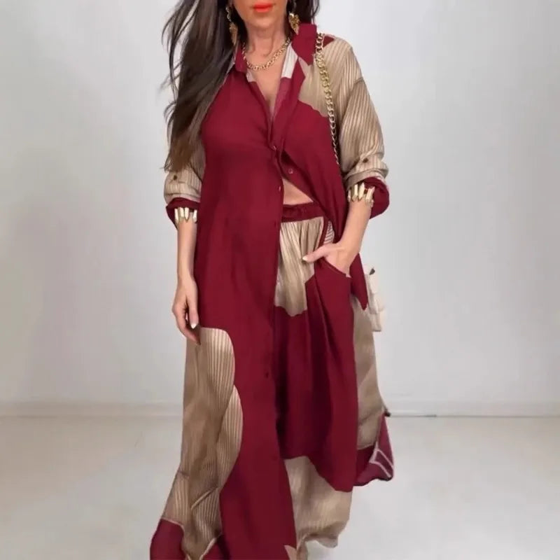 Chic Printed Shirt & Wide Leg Pants Set – Casual Two-Piece Outfit for Wome