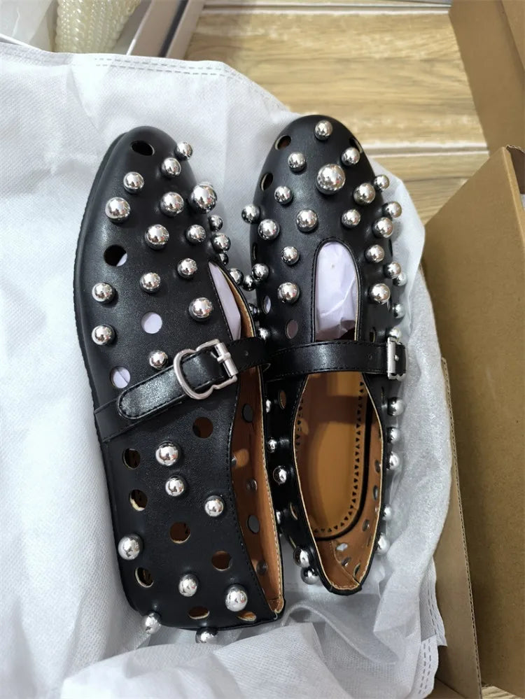Luxury Black Pearl Round Head Buckle Ballet Sandals Summer Autumn Metal Hollow Commuting Casual Mary Jane Single Shoe Size 45