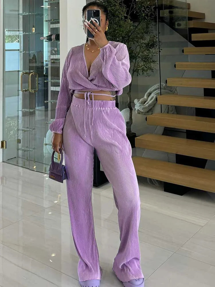 Elegant Draped Lounge Set – 2-Piece V-Neck Top & Elastic Waist Pants Outfit for Women