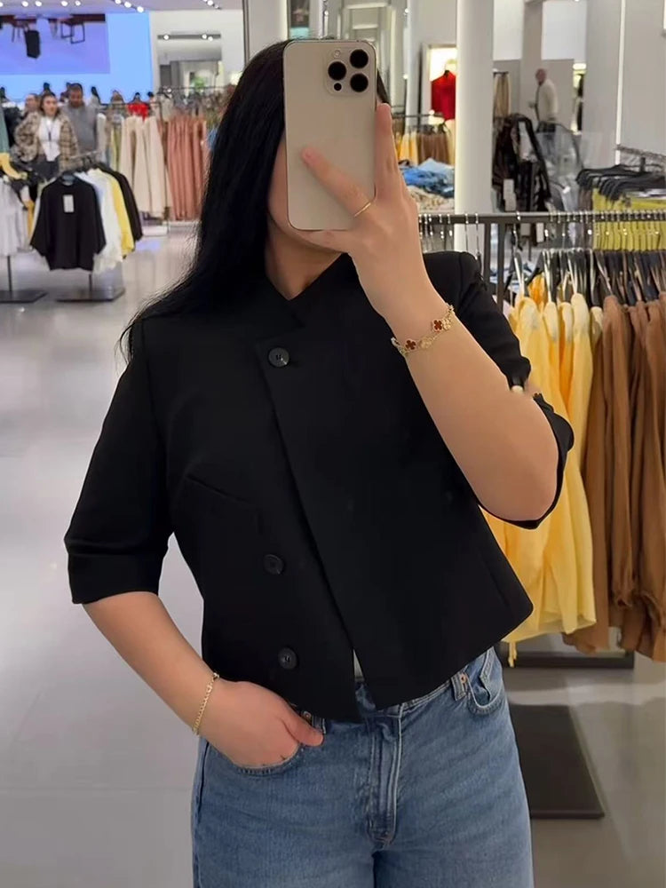Luxe Turtleneck Half Sleeve Blazer – Elegant Button Front Jacket for Women