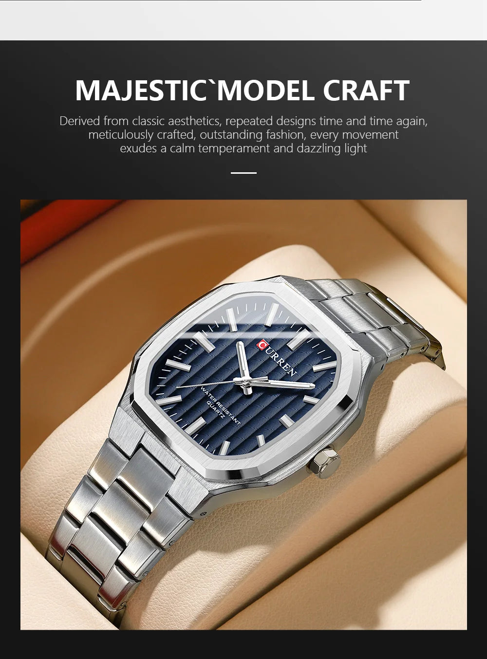 CURREN Luxury Business Square Quartz Watches  Classic Stripe Design Dial with Stainless Steel Band Wristwatch for Men