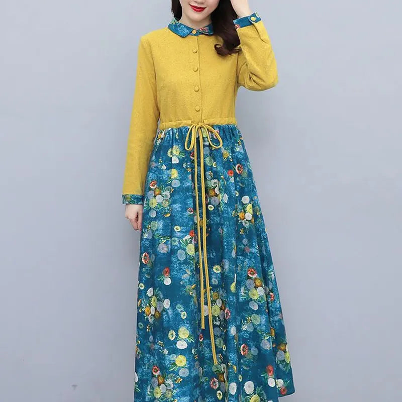 Elegant Printed Shirt Dress – Drawstring Waist Ankle-Length Dress for Women