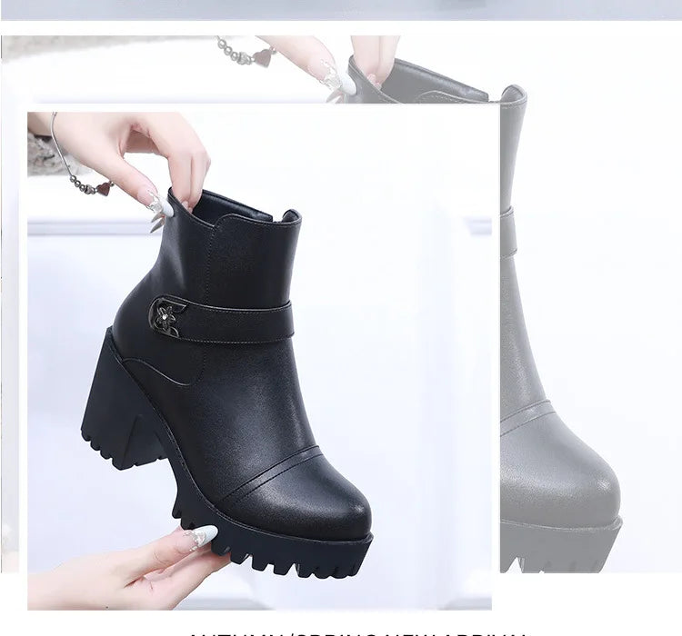 8cm Small Size 32-43 Thick Bottom Motorcycle Boots Women Shoes Winter 2026 Block High Heels Soft Leather Ankle Boots Office Mom