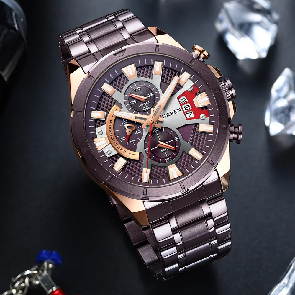 CURREN Sports Big Dial Men's Chronograph Watch with Matte Stainless Steel Band Luminous Hands Casual Quartz Wristwatch 8401