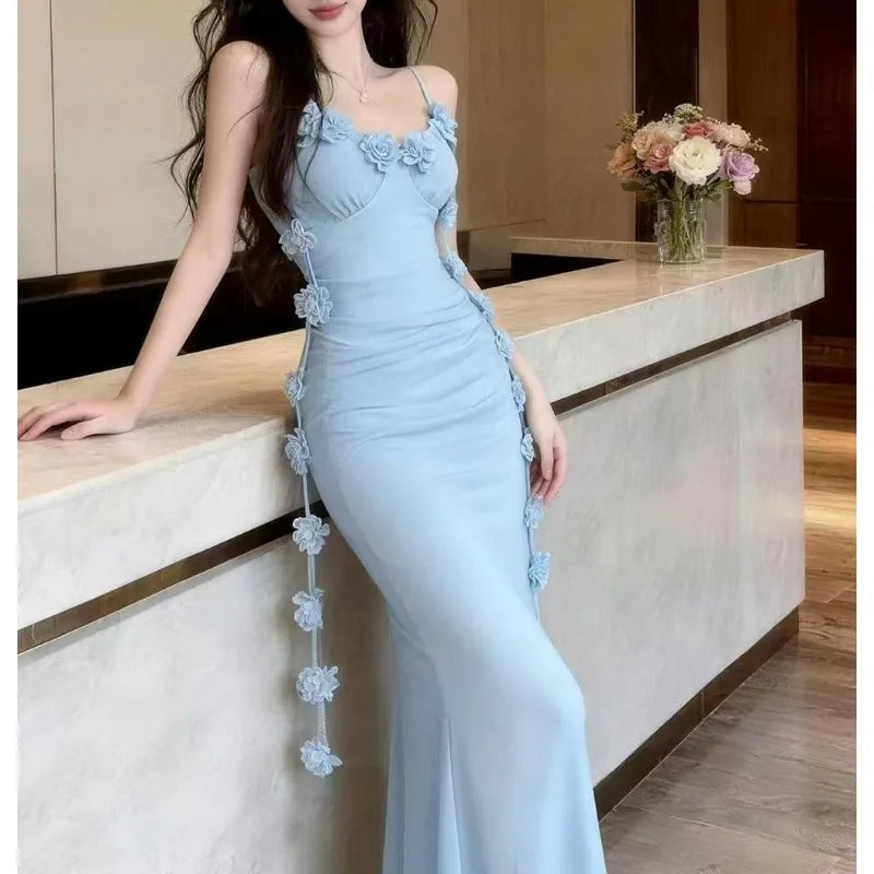 French Riviera Backless Maxi Dress – Luxury Blue Camisole Vacation Dress for Women