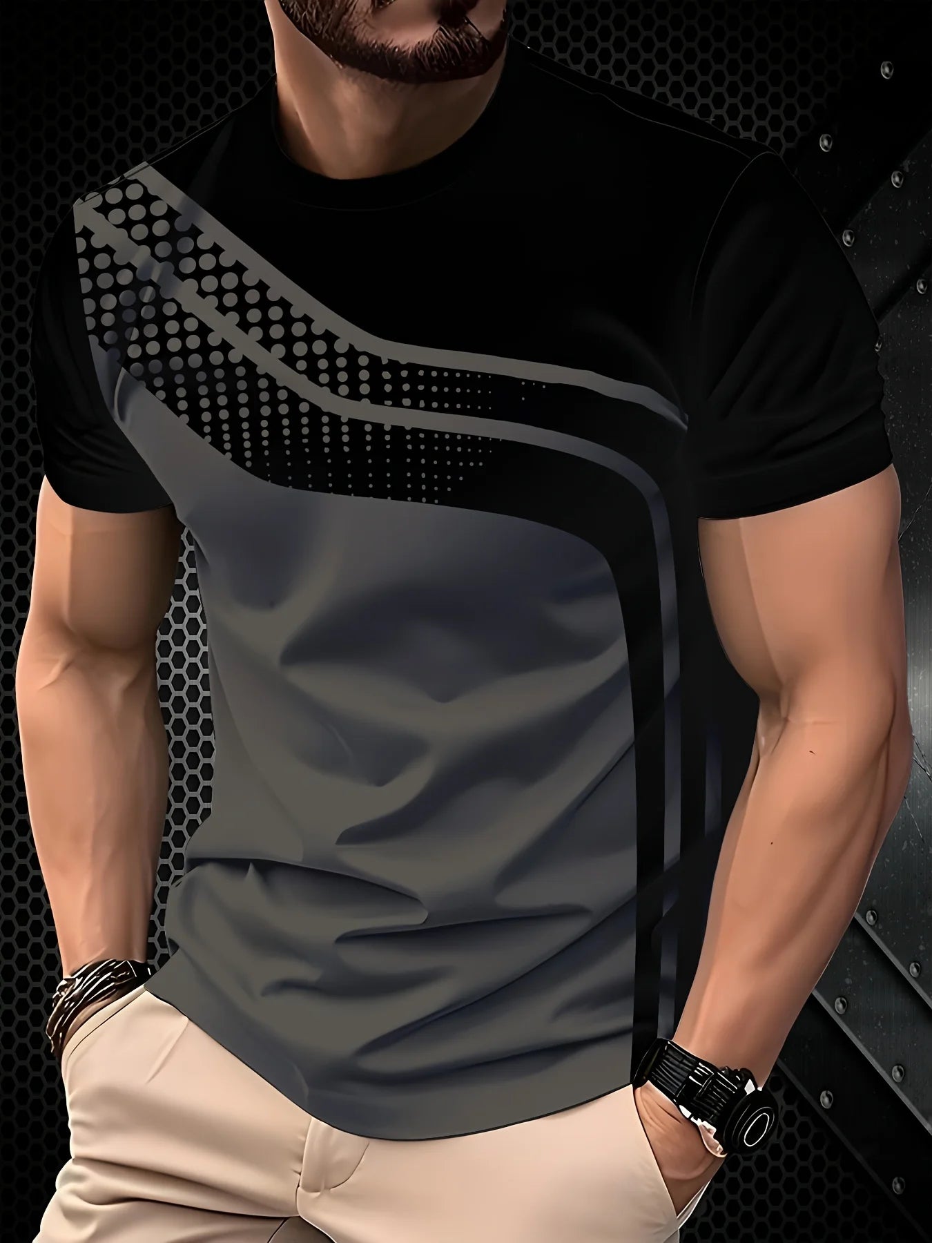 Breathable Polyester Short Sleeve Tee Men's Fashionable Digital Print Short Sleeve T-Shirt in Black & Gray Stripes - Breathable