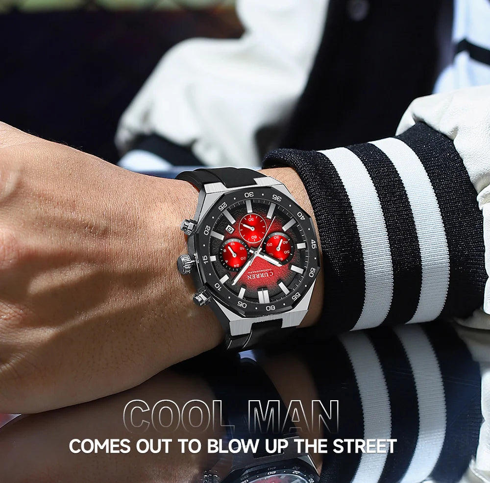 CURREN Fashion Casual Men Sports Watch Chronograph Silicone Belt Auto Date Dial Quartz Wristwatch Male Reloj Relogio Masculino
