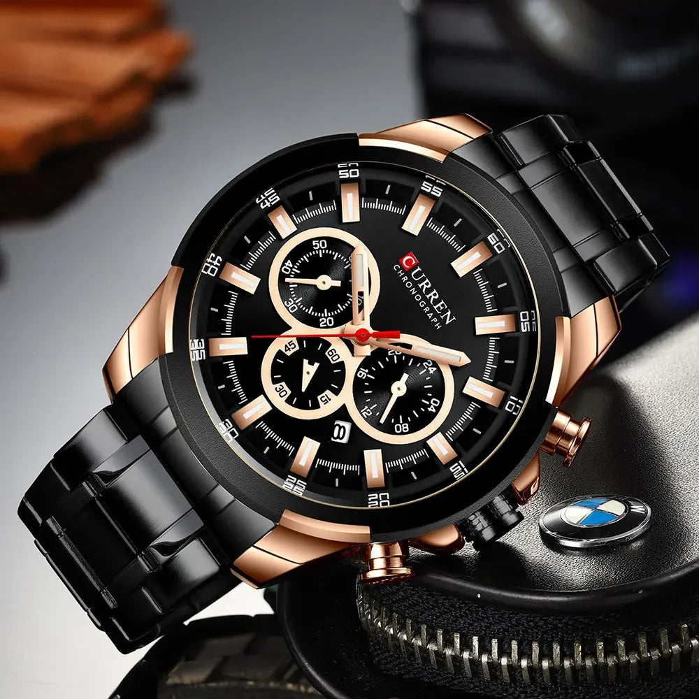 CURREN Men's Chronograph Watch 48mm Big Dial with Stainless Steel Band Triple Sub- Dials Luxury Quartz Sport Wristwatch