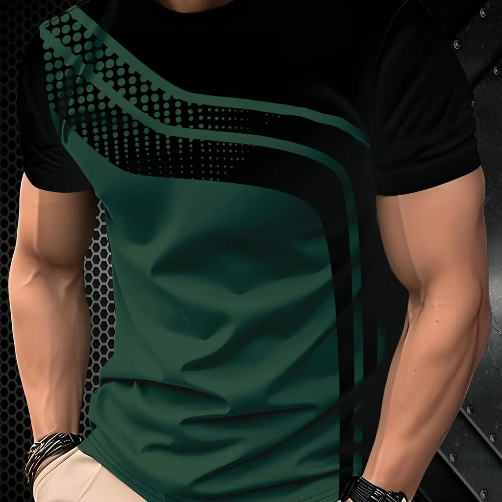 Breathable Polyester Short Sleeve Tee Men's Fashionable Digital Print Short Sleeve T-Shirt in Black & Gray Stripes - Breathable