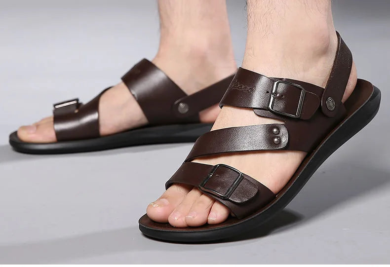Fashion Sandals Male Solid Color PU Leather Men Shoes Summer Comfortable Open Toe Leather Mens Sandals Beach Leather Footwear