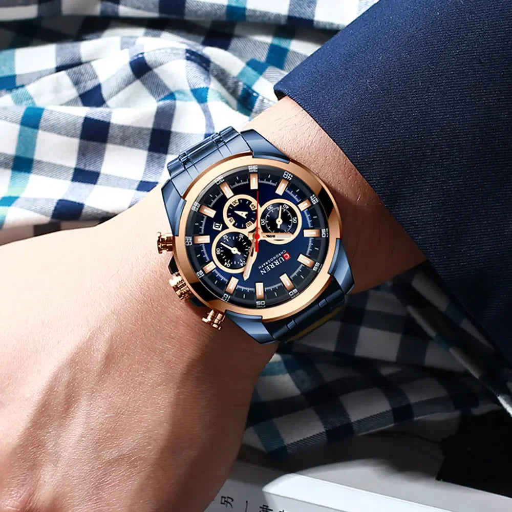 CURREN Men's Chronograph Watch 48mm Big Dial with Stainless Steel Band Triple Sub- Dials Luxury Quartz Sport Wristwatch