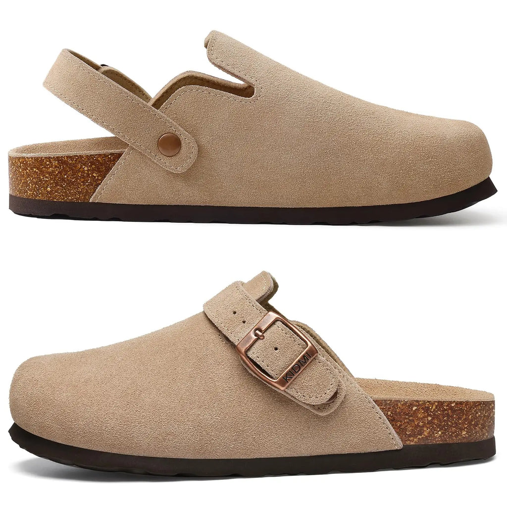 Litfun Suede Women's Clogs with Adjustable Strap Cork Footbed Leather Mules with Arch Support Unisex Outdoor Clogs Potato Shoes