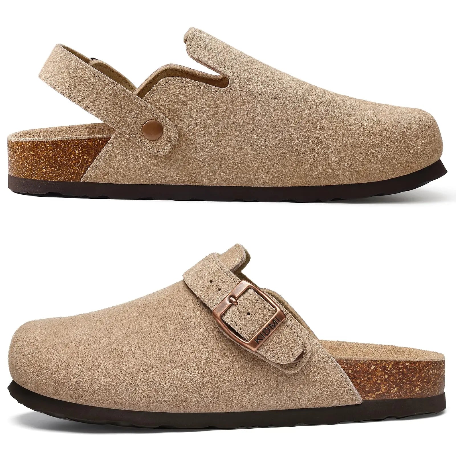 Litfun Suede Women's Clogs with Adjustable Strap Cork Footbed Leather Mules with Arch Support Unisex Outdoor Clogs Potato Shoes