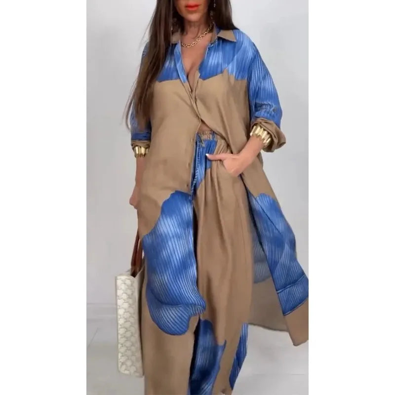 Chic Printed Shirt & Wide Leg Pants Set – Casual Two-Piece Outfit for Wome