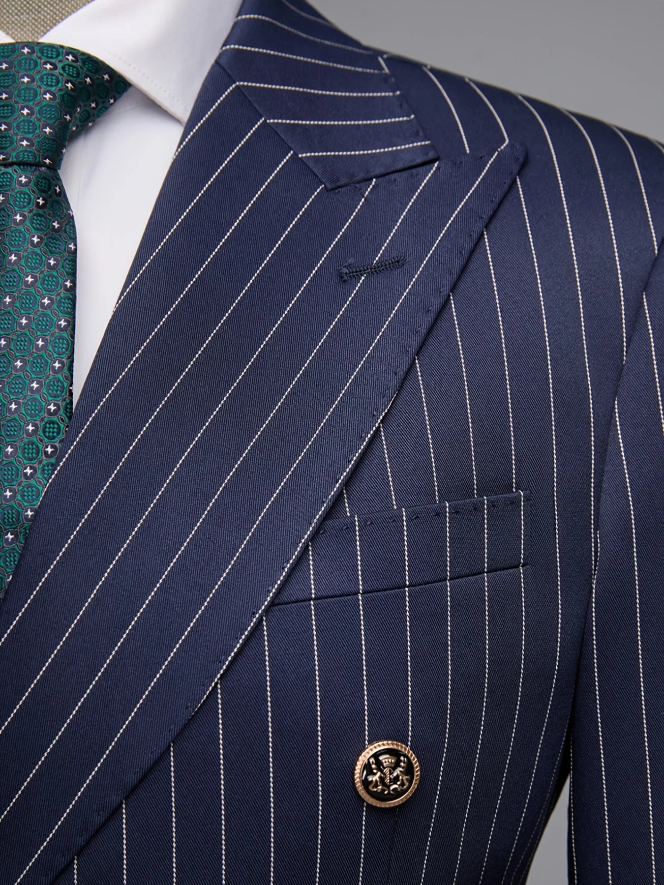 Men's Navy Blue Striped Double Breasted Blazer, Peaked Lapel Slim Fit Single Suit Jacket, Business Office Formal Wear
