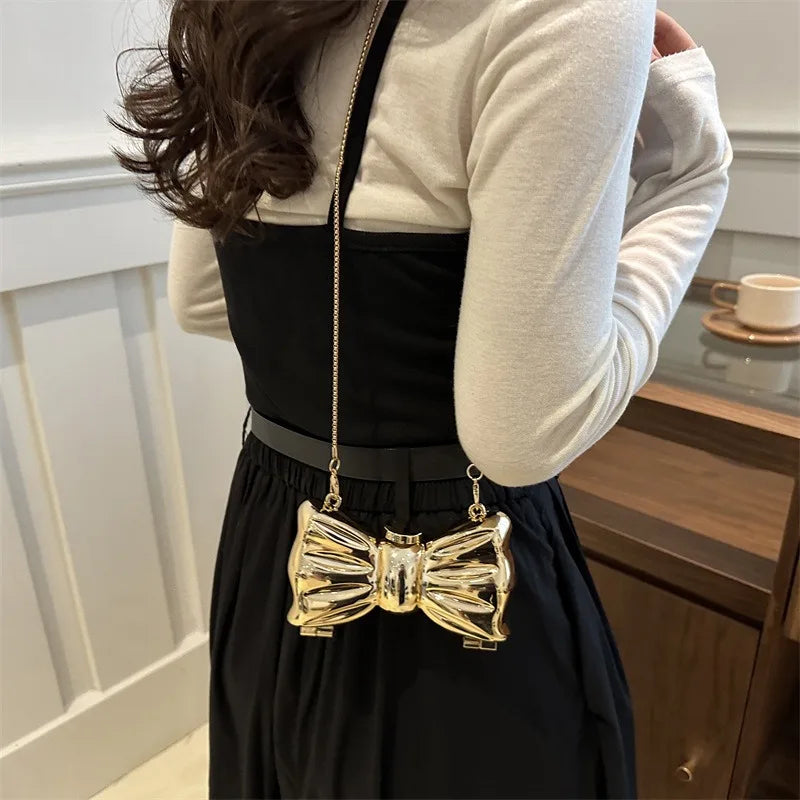 Luxury Mini Acrylic Bow Clutch – Metal Frame Crossbody Bag with European Chain Strap