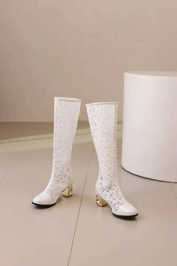 Spring and Autumn New Style Fashion square Heel Mesh Hollow Women's Boots Sweet Breathable knee high boots high 5.5cm size 34-47