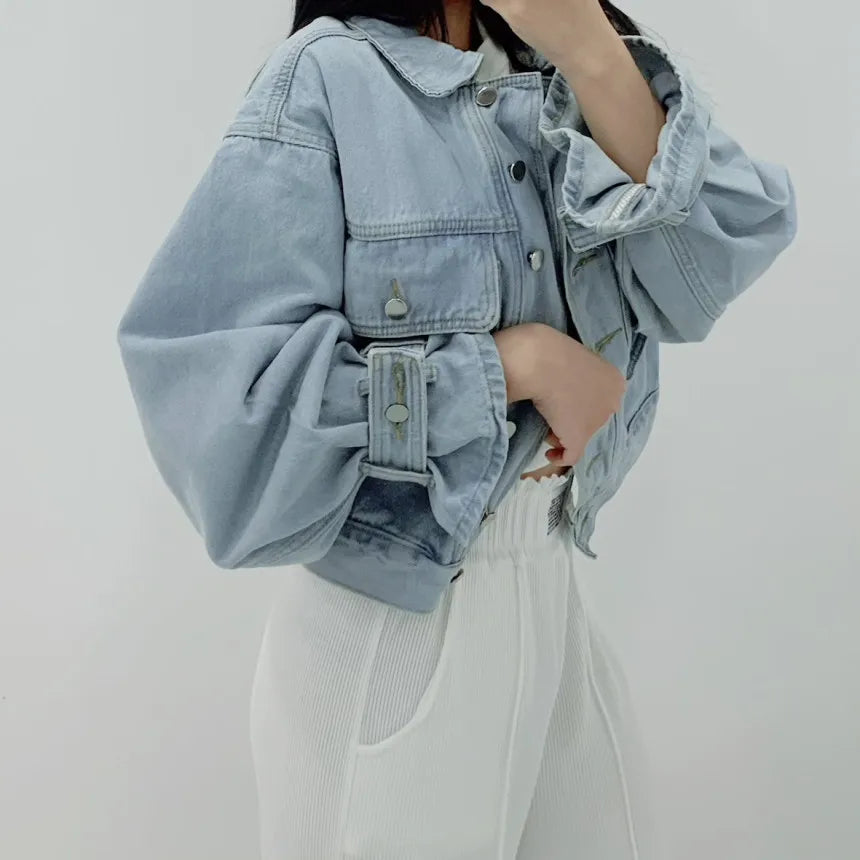 Women Denim Coat Short Jackets Turn Down Collar Full Sleeve Solid Casual Loose Single Breasted Coats Jacket Autumn Winter