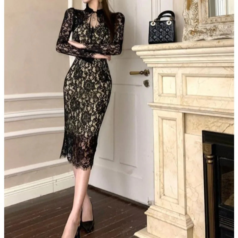 Lace Elegance Maxi Dress – Slim-Fit Long Sleeve Slit Dress for Women
