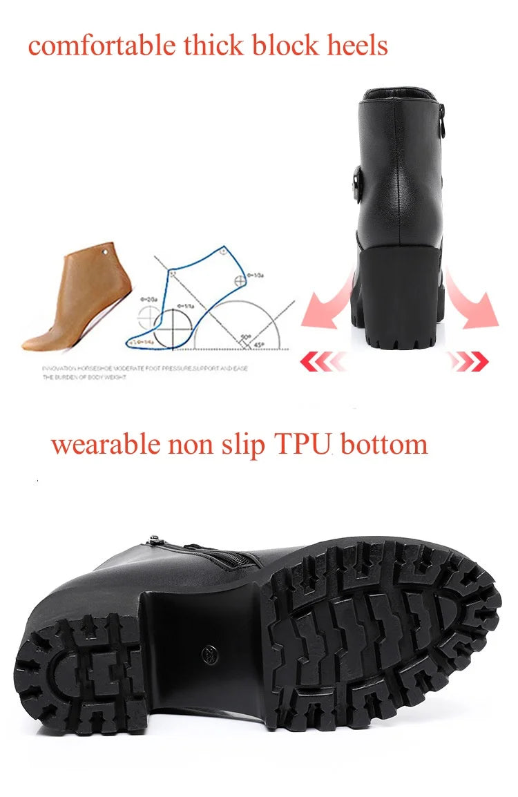 8cm Small Size 32-43 Thick Bottom Motorcycle Boots Women Shoes Winter 2026 Block High Heels Soft Leather Ankle Boots Office Mom