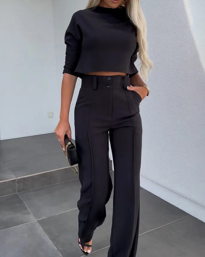 Modern Relaxed Two-Piece Suit – Casual Loose Fit O-Neck Top & Wide Leg Pants Set