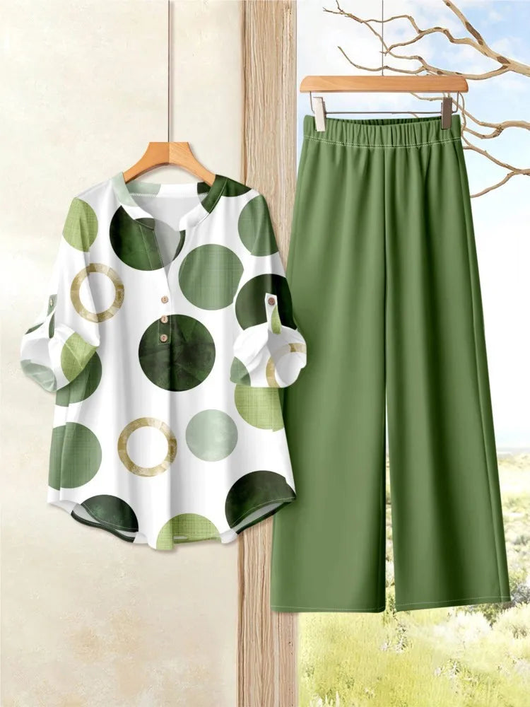 Chic Printed Short Sleeve Co-Ord Set – Women’s O-Neck Top & Wide Leg Pants Outfit