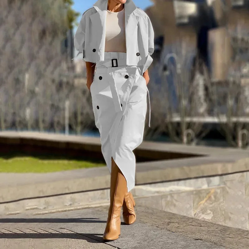 Luxe Urban Cargo Trench & Asymmetrical Skirt Set – Elegant Two-Piece Ensemble