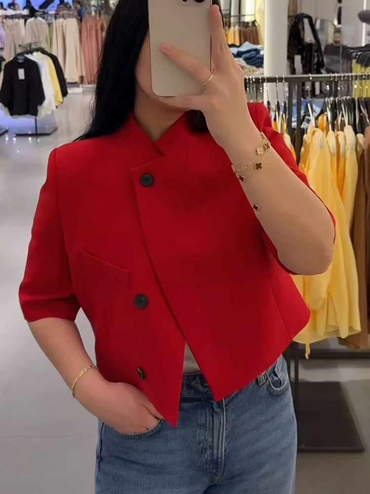 Luxe Turtleneck Half Sleeve Blazer – Elegant Button Front Jacket for Women
