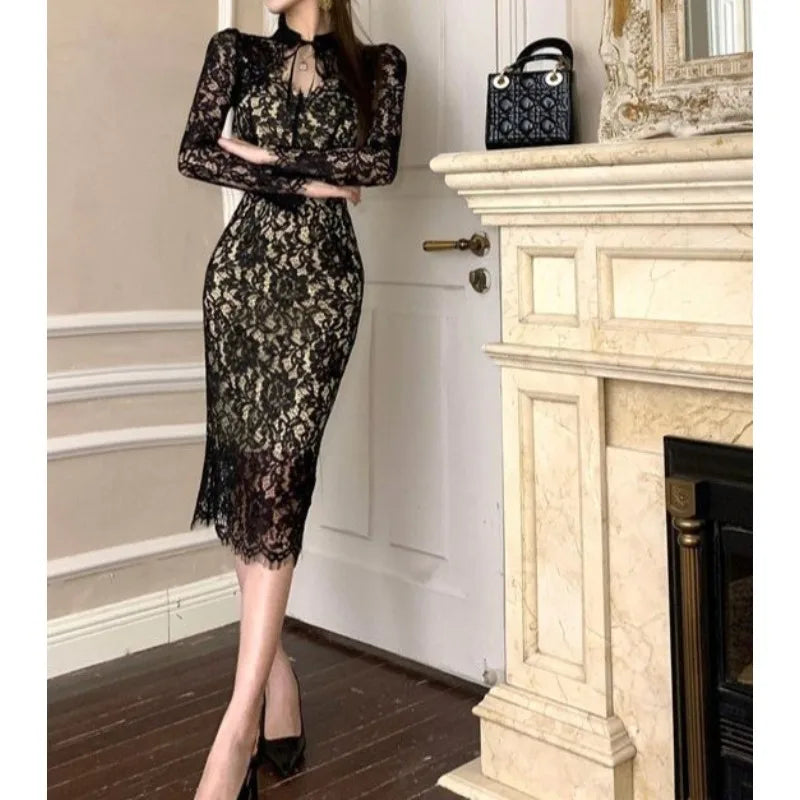 Lace Elegance Maxi Dress – Slim-Fit Long Sleeve Slit Dress for Women