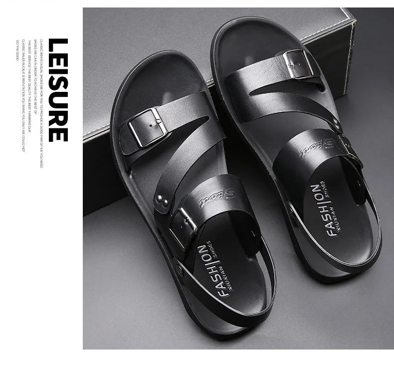 Fashion Sandals Male Solid Color PU Leather Men Shoes Summer Comfortable Open Toe Leather Mens Sandals Beach Leather Footwear