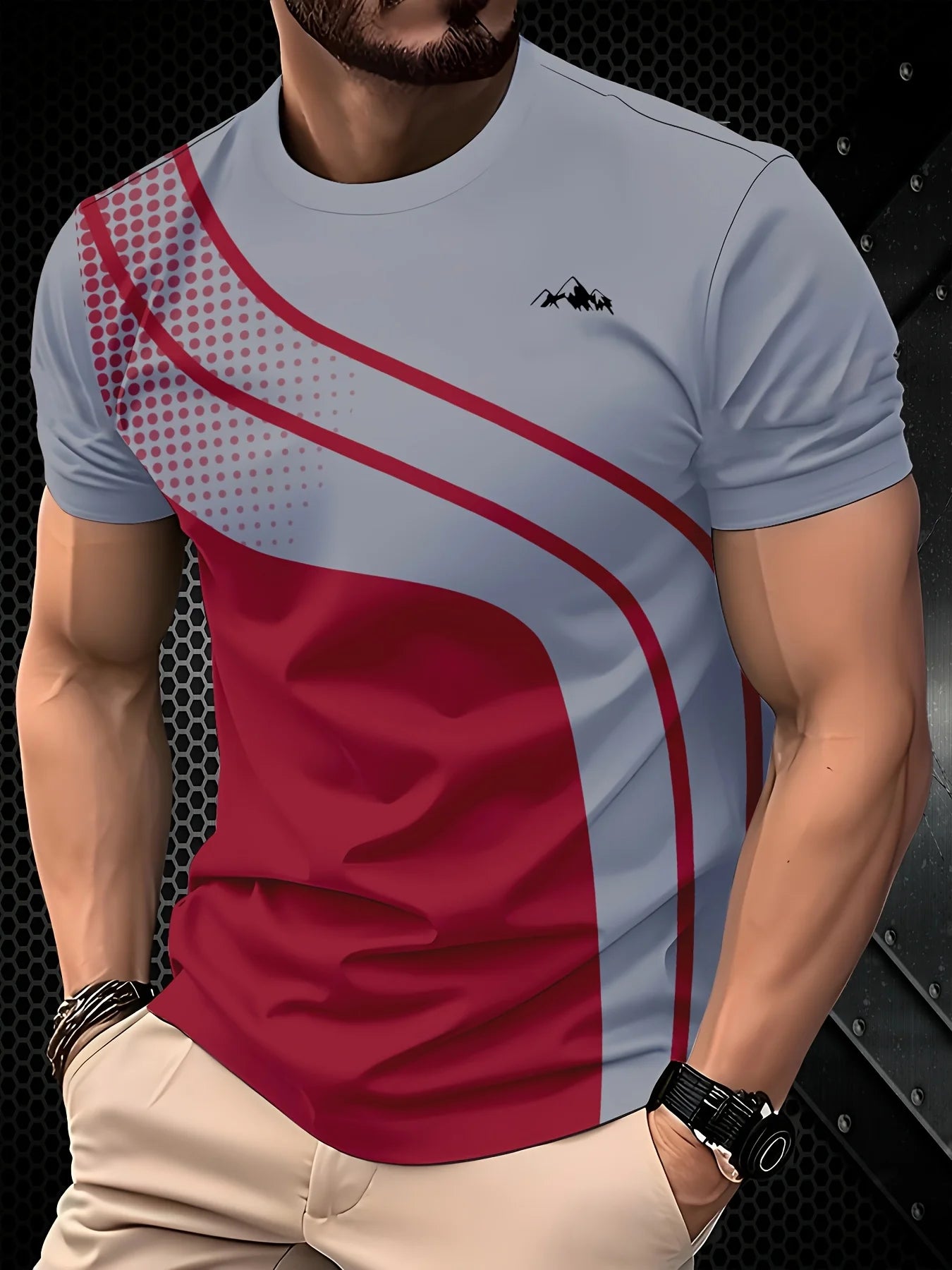 Breathable Polyester Short Sleeve Tee Men's Fashionable Digital Print Short Sleeve T-Shirt in Black & Gray Stripes - Breathable