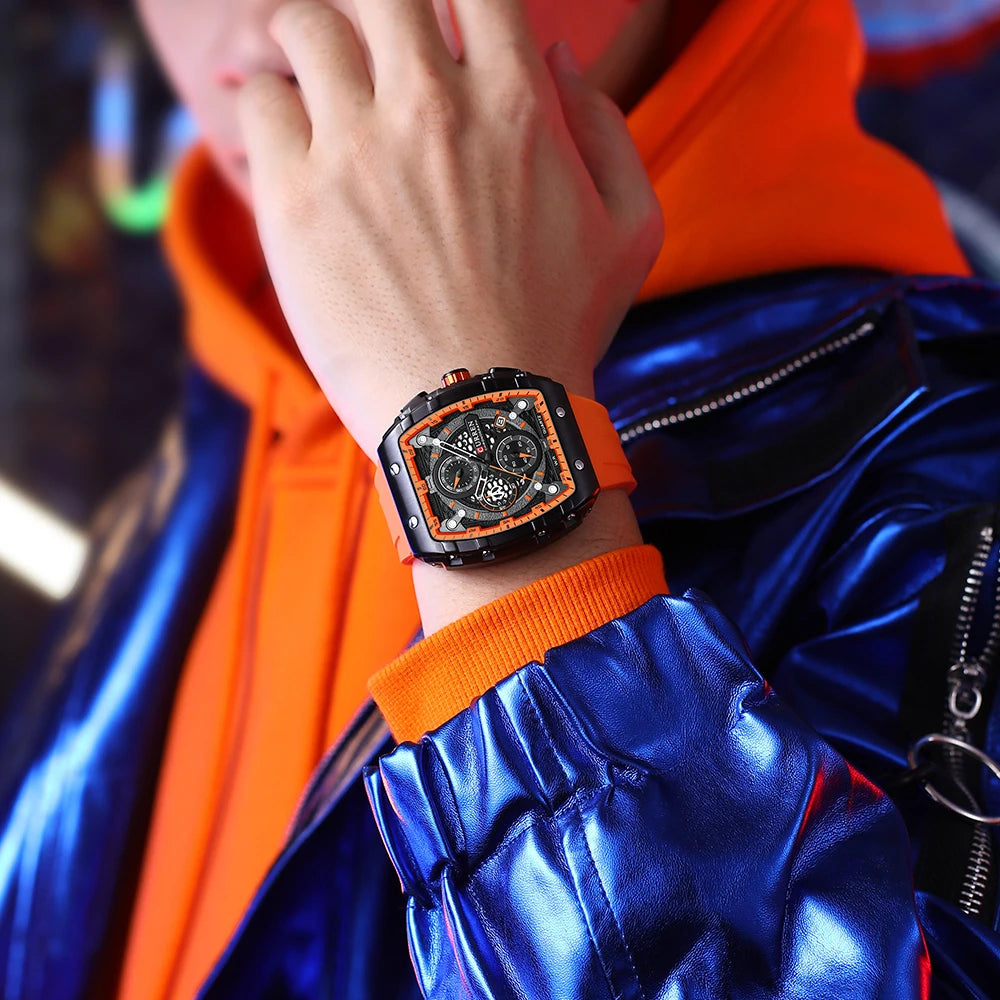 CURREN Fashion Sports Watches with Large Dial Unique RectangularHollow Design Quartz Wristwatches with Chrongraph Auto Date 8442