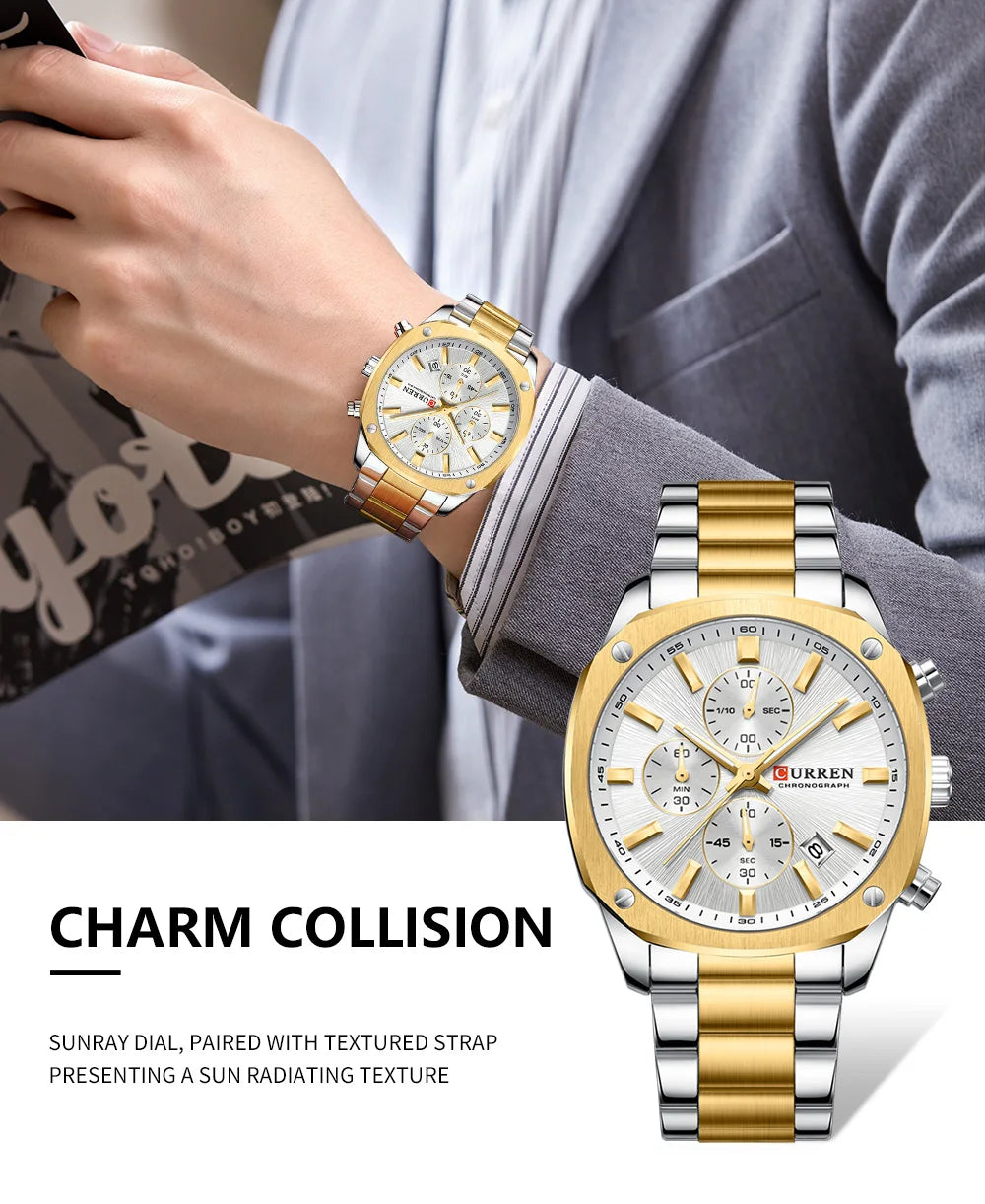 CURREN Modern Men's 42mm Sport Watch - Stainless Steel Band Chronograph & Date,Glow-in-the-Dark Hands, Casual Quartz Wristwatch