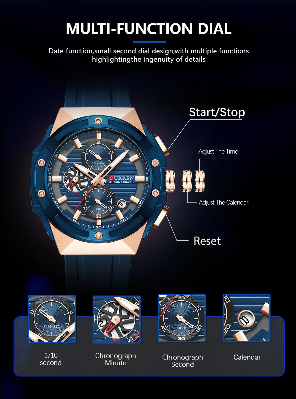 CURREN Sporty Men's Watch with Chronograph & Luminous Hands - Silicone Strap Quartz Wristwatch for Man Auto Date Business Casual