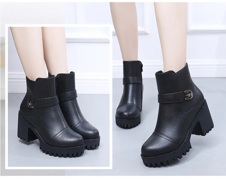 8cm Small Size 32-43 Thick Bottom Motorcycle Boots Women Shoes Winter 2026 Block High Heels Soft Leather Ankle Boots Office Mom