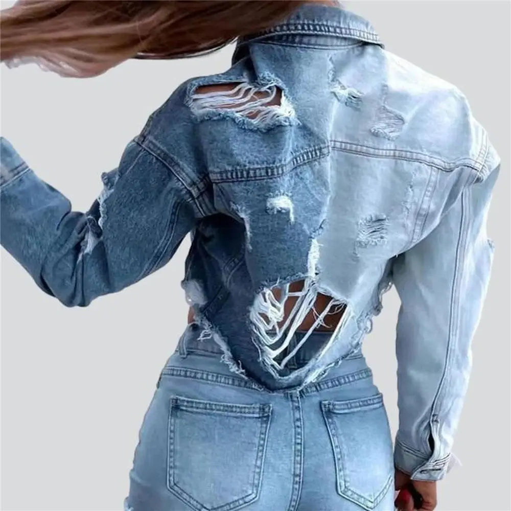 Women Denim Crop Jacket Fashion Vintage Retro Holes Long Sleeve Pockets Coat Top Female Casual Short Clothes Streetwear