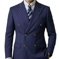 Men's Navy Blue Striped Double Breasted Blazer, Peaked Lapel Slim Fit Single Suit Jacket, Business Office Formal Wear