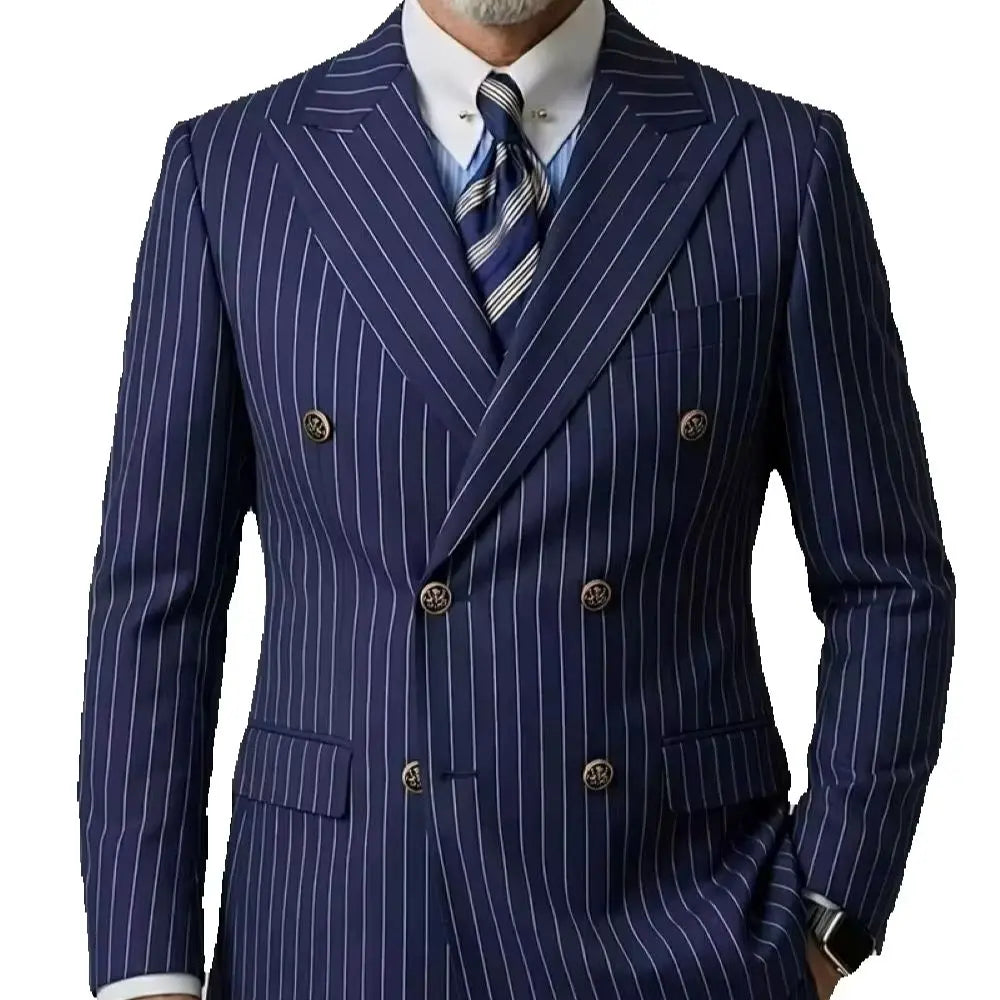 Men's Navy Blue Striped Double Breasted Blazer, Peaked Lapel Slim Fit Single Suit Jacket, Business Office Formal Wear