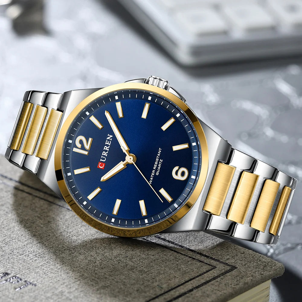 CURREN Luxury Minimalist Men's Watch Two Tone Golden Stainless Steel Business Quartz Wristwatch Simple Dress Clock Male